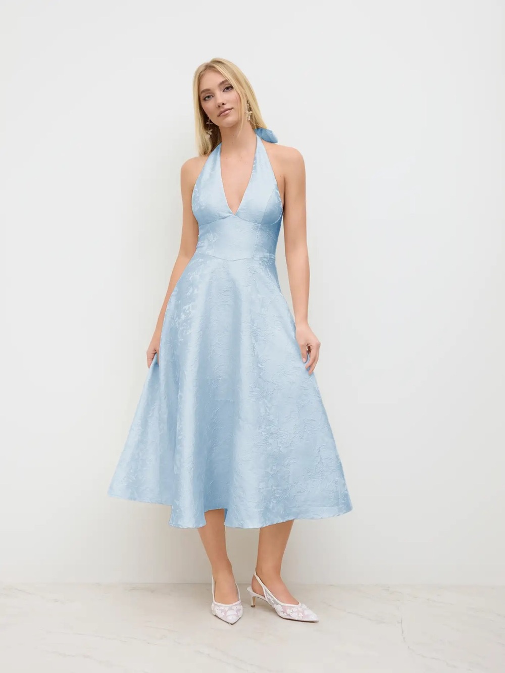 Cider Jacquard Halter Neckline Floral Lace Up Maxi Dress in light blue